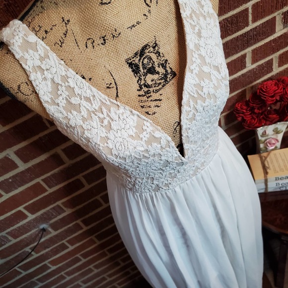 Lulus Chiffon Lace Plunge Flowy Floor Length Wedding Dress White, Open Back - Picture 5 of 11